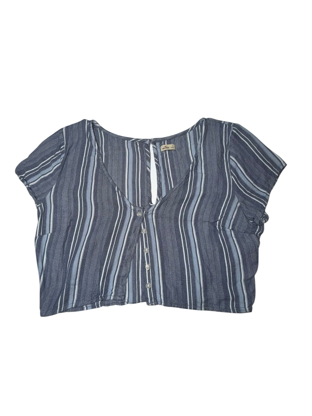 Hollister Navy and White Striped Cropped Button Top